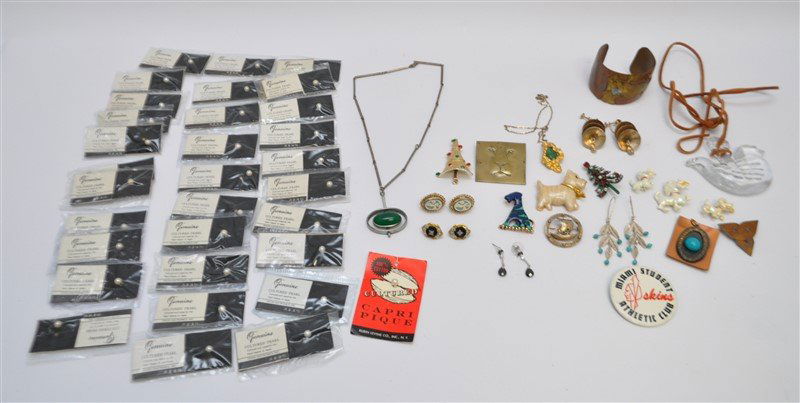 52 pc VINTAGE 1950-1980 EISENBERG + MORE COSTUME: All are Vintage 1950-1980s. Weight 1 pd 4 0z.1- Vintage Mexican Tribal Aztec Copper and Brass Cuff with Abalone Insert. 2- Large glass dove on leather necklace. 3- Three Vintage Enameled Dogs Scatter