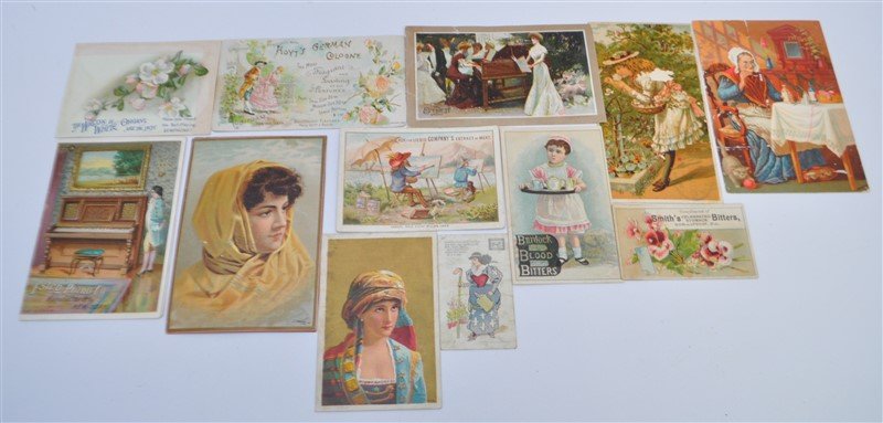 12 ORIGINAL VICTORIAN TRADE CARDS QUACKERY & PIANO: ALL Victorian, ALL Original and authentic. These are fabulous accents when framed in groups. Many in this group are Victorian Quackery or Piano related. 1- 1890 Hoyt's German Cologne, E.W. Hoyt, Lowel