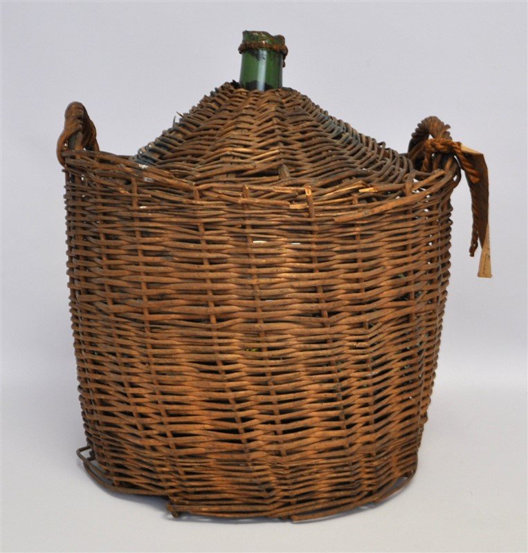 LARGE ANTIQUE GREEN DEMIJOHN IN WICKER (1 of 9)