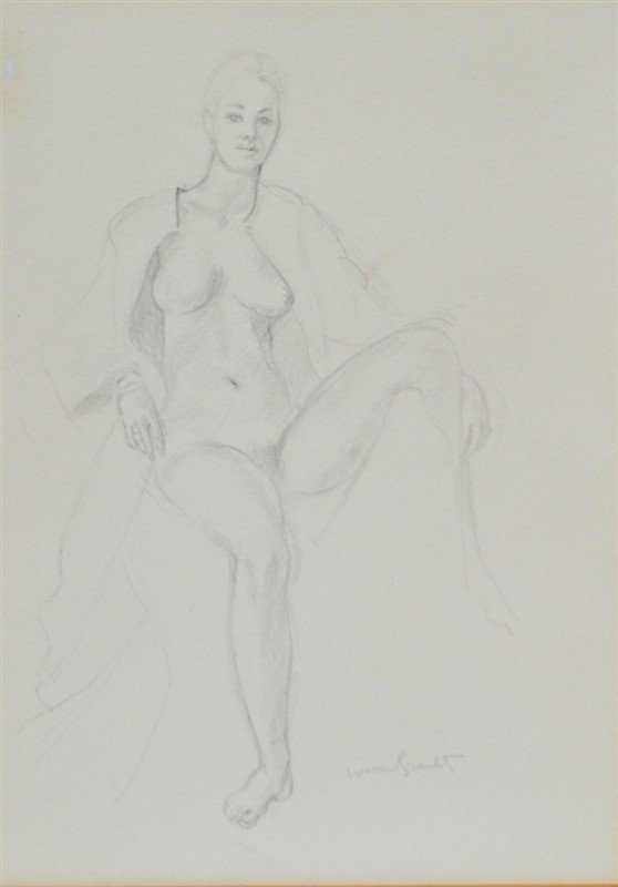 ORIGINAL WARREN BRANDT (1918-2002) SEATED NUDE: Framed Original Warren Brandt (American/North Carolina, 1918-2002) Nude Pencil Drawing. Drawing measures 12"x8 1/2" inches (sight); signed lower right recto "Warren Brandt". In Gallery Frame from the