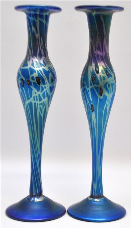 PAIR STUDIO BLOWN BLUE FAVRILE 11" VASES: Here is a stunning pair of very likely ca. 1970-1985 hand blown American studio blue Favrile style glass trumpet vases in the tradition of Tiffany & Steuben. The Iridescent onion glass is a good repli