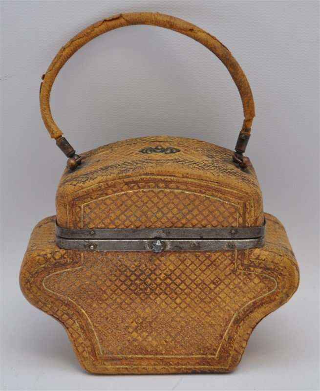 19th c. TRAVEL SEWING / VANITY KIT ETUI: Antique Continental 19th c. Travel Sewing / Vanity Kit in the shape of a Ladies Purse. Complete with carved bone etui, scissors, thimble and a glass scent bottle. Unusual sewing collectible, perfect f