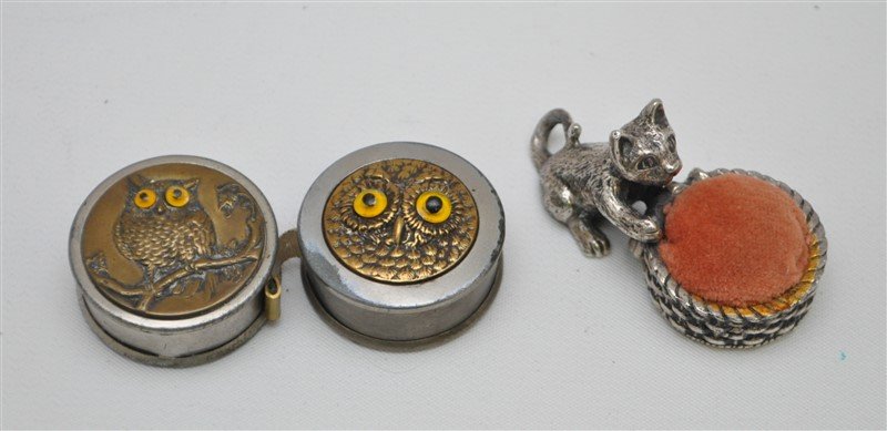 3 pc. ANTIQUE GERMAN OWL TAPE MEASURES & CAT PINCUSHION (1 of 5)