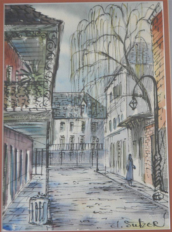 ORIGINAL MID CENTURY NEW ORLEANS WATERCOLOR: Original Mid Century New Orleans Watercolor and Pen by artist J. Sulzer. Ca. 1950-60s. Professionally framed and double matted. Measures 16x20x1. Weight is 3 pds 8 oz. PROVENANCE: A Charleston SC Priv