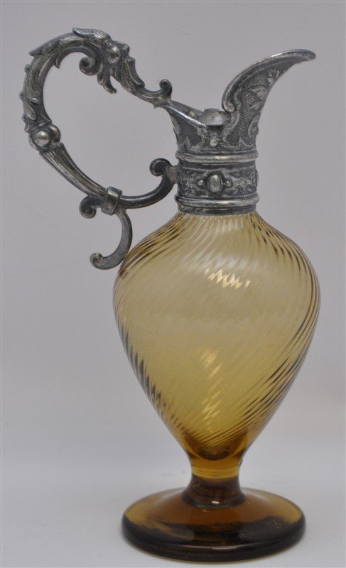 AMBER GLASS DECANTER ORNATE PEWTER TOP (1 of 9)