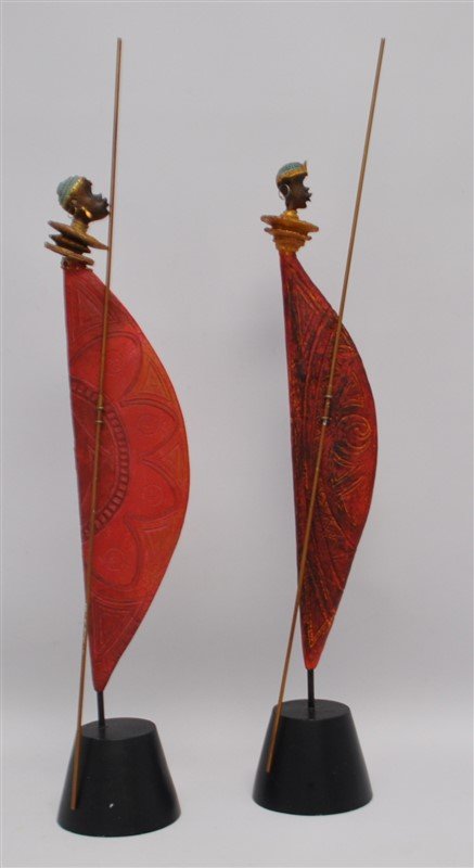 2 TALL AFRICAN SCULPTURES ON STANDS: A pair of Contemporary African Maasai Ceramic Sculptures. On stands 3.50x3.40x18.50 without spears. Weight Combined is 3 pds 14 oz. PROVENANCE: A Private Charleston SC Estate.