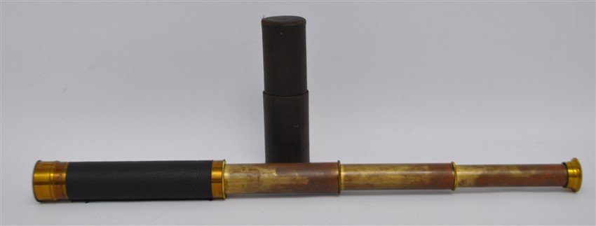 ANTIQUE FRENCH NAUTICAL TELESCOPE: A Late 19th century French Three-Draw Nautical Telescope. Leather mounted base, brass. With the original case, a very nice example and fully fuctional. In case 1.50x1.50x7", fully extended 17". Weight