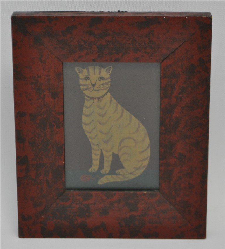 FRAMED HP AMERICAN FOLK ART CAT: A framed Americana Folk Art Tiger Cat with a ball of Yarn. Hand Painted on Canvas fabric, a tiger cat with a bell collar and a red ball of yarn. In painted frame. Measures 5.75"x4.75x.50". Wt. 6 oz. P