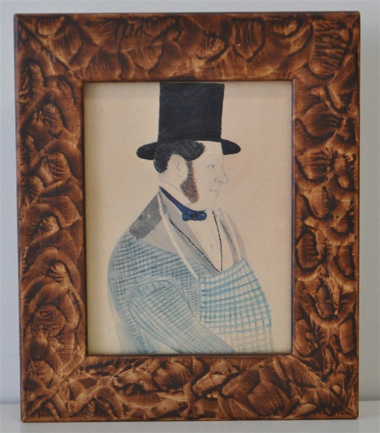 THE SHOPKEEPER FOLK ART WATERCOLOR: American Hand Painted "The Shopkeeper", portrait miniature after J.A. Davis (1821-1855). Watercolor and pencil on wove paper. Has the label from the Abby Aldrich Rockefeller Folk Art Museum en verso. 