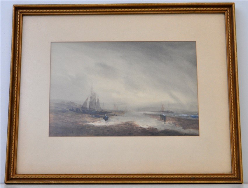 WATERCOLOR CLARENCE E. BRALEY (1858-1925): Original Massachusetts Coastal Watercolor by Clarence E. Braley (American, 1858-1925). Signed lower left. In Frame measures 18"x14.50"x.75". Sight measures 12"x7.50". Weight is 2 pds 7 oz. PROVENANCE: