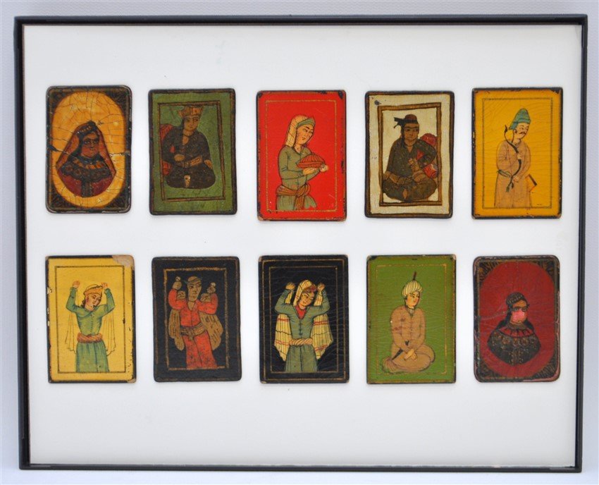 TEN 19th c. PERSIAN PLAYING CARDS AS-NAS: 10 Persian Qajar As Nas Playing Cards. Framed 10 rectangular hand-painted playing cards from different sets, in ink, watercolor and gold on papier-mache under lacquered varnish. As Nas cards are recta