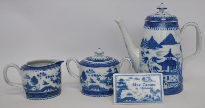 4 PC MOTTAHEDEH BLUE CANTON COFFEE SERVICE: 4 pc Mottahedeh Blue Canton Coffee Pot, Cream and Sugar. In addition there is a easel back Blue Canton Porcelain Plaque for retailers display. Licensed by the Historic Charleston Foundation. Dimension