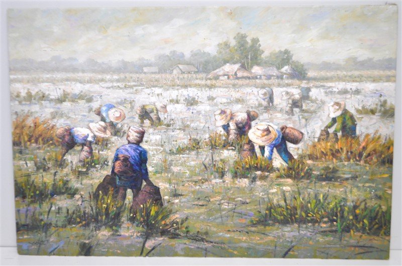 OIL ON CANVAS RICE FIELDS - VIOUT: Extremely well done Oil on Canvas, Workers in a Rice Field, signed Viout. Possibly Vietnam or Cambodia, measures 35.50x24x1/8". Stretched over Styrofoam back. Weight is 1 pd 6 oz. PROVENANCE: The Esta