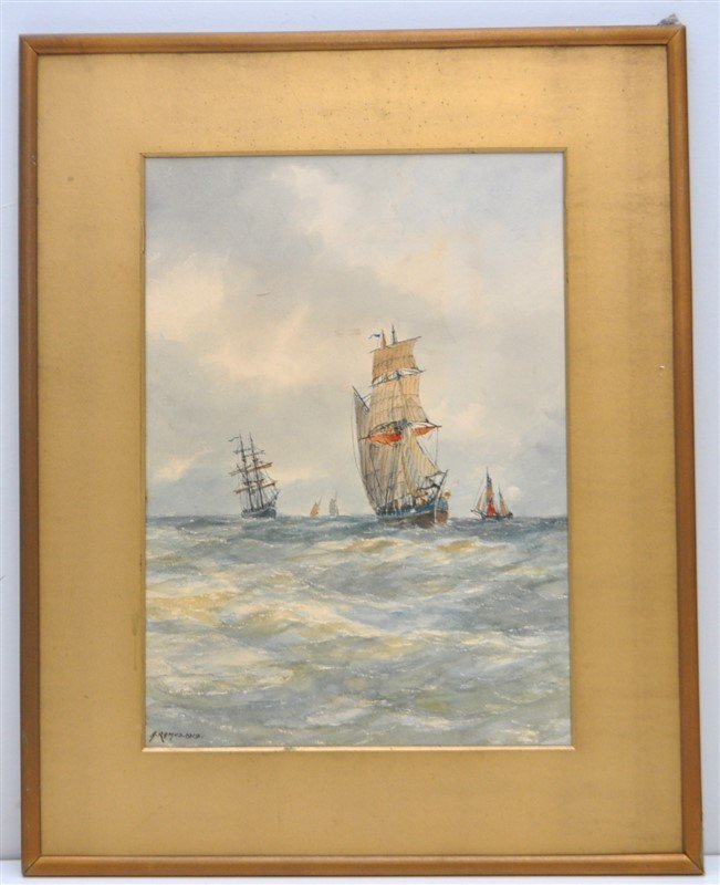 FRANCIS E. JAMIESON HARBOR SHIPS WATERCOLOR: Framed (no glass) Francis E. Jamieson Original Watercolor Gouache. Signed A. Ramus lower left and dated 1919. A. Ramus was an alias of Francis E. Jamieson (1895-1950) who was active/lived in United Ki