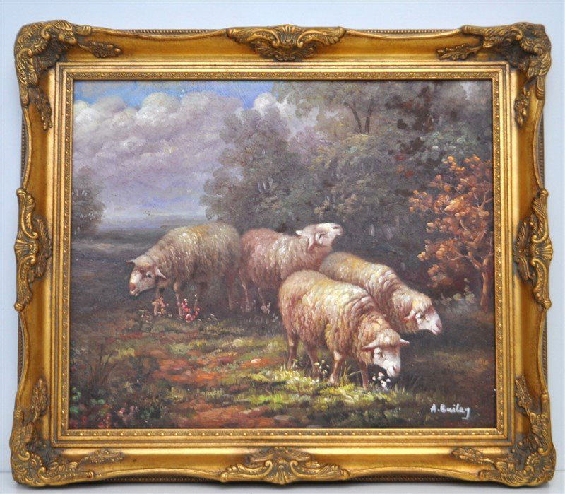 20TH C. FLOCK OF SHEEP OIL PAINTING SIGNED A. BAILEY (1 of 10)