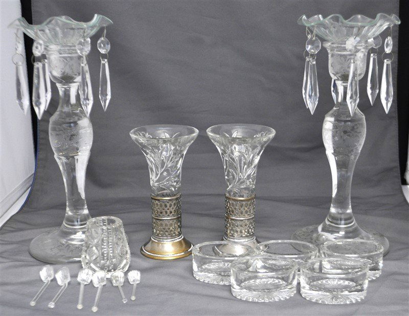 12 PC ELEGANT & EAPG CANDLE - SALTS - VASES: 1- Matched Pair of Vintage Elegant Etched Candlesticks 8" tall and a matched pair of Glass Bobeche with 6 Crystal Prisms. 2- A Matched Pair of Antique E & J Bass of NY EAPG glass Bud Vases c. 1916 in