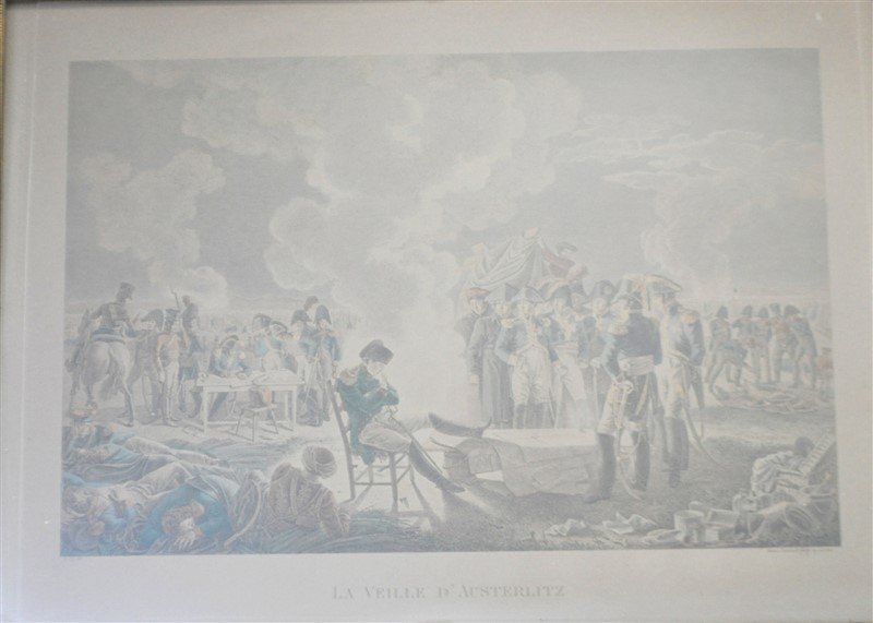1812 COPPERPLATE ENGRAVING NAPOLEON: Antique Copperplate Engraving of Napoleon on the eve of the Battle of Austerlitz. Engraved by Henri Rheinhold in 1812 after the original by Benjamin Zix (France, 1772-1811). In magnificent french wood