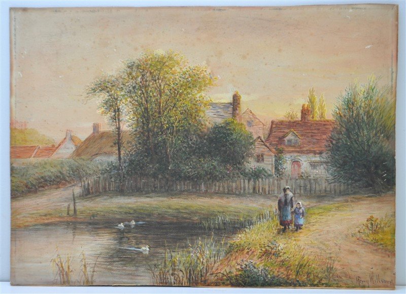ENGLISH COUNTRYSIDE WATERCOLOR by H. PERRY WILLIAMS: Unframed Watercolor / Gouache signed H. Perry Williams (listed English fl. 1841-1857) . English Countryside, West Guildford in Surrey, a mother and daughter wall along a path by a pond, village in the