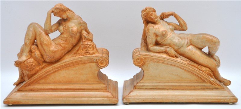 VINTAGE LARGE NUDE PLASTER BOOKENDS: A pair of Vintage Nude Classical Bookends. Each approximately 9x5x8. One Nude with Owl, the other Nude Reclining. The nude reclining has a repair to her arm and a small under 1" line to base. Great ad