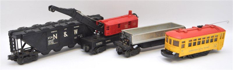 4 PC LIONEL TROLLEY - CRANE - HOPPER + (1 of 7)