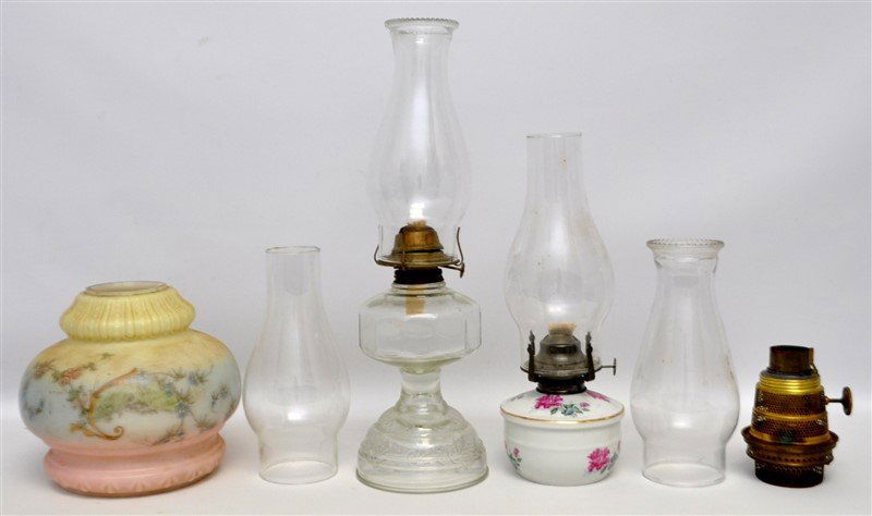 6PC OIL LAMPS + SHADES & PARTS: 1- Vintage 1950s Plume & Atwood Risdon Pressed Glass Oil Lamp 16.50" to top of chimney. 2- Porcelain Rose Oil Lamp 12.50" tall to top of chimney 3- Antique Glass Oil Lamp Shade Cream to Pink 7x7x7.50,