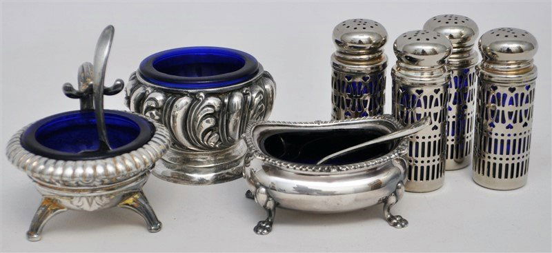 7PC COBALT BLUE & SILVER SALT CELLARS & SALTS (1 of 8)