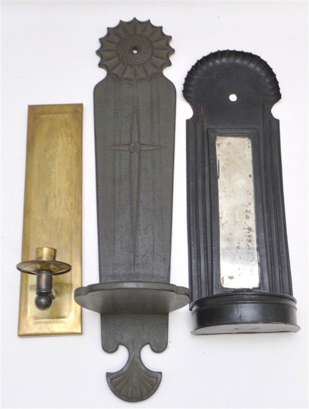 3PC WALL CANDLE SCONCES TIN - BRASS - WOOD (1 of 10)