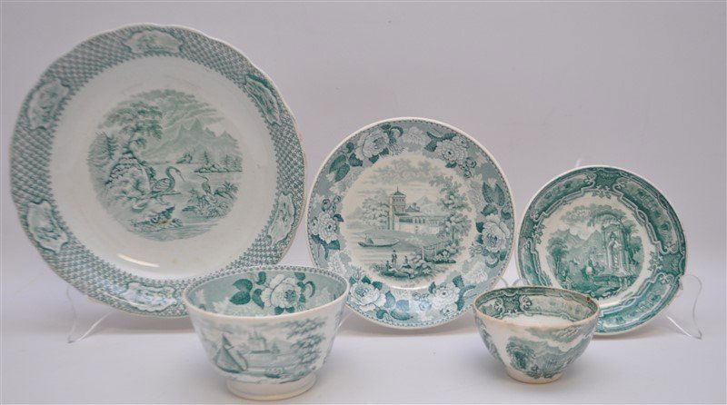 5 pc. 19th c. GREEN TRANSFERWARE WEDGWOOD + ADAMS (1 of 9)