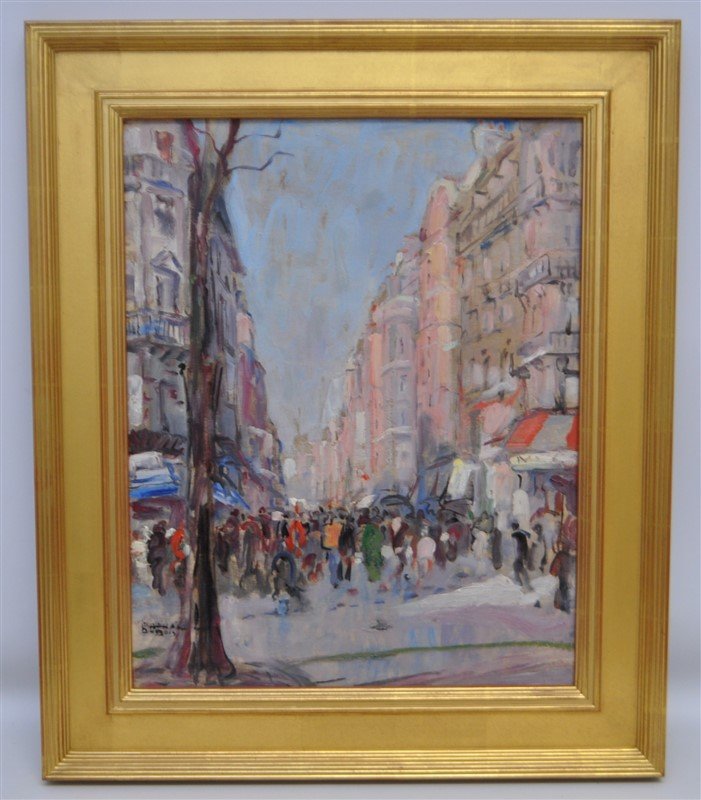 RAPHAEL DUBOIS (1888-1970) VUE DE PARIS: Raphael Dubois (1888-1960) Oil on Canvas "Vue de Paris" c. 1925. A busy Paris street. Signed lower left. In gold frame, measures 21.50x26x1.50. Weight 5 pds 10 oz. PROVENANCE: From the Private Paris,