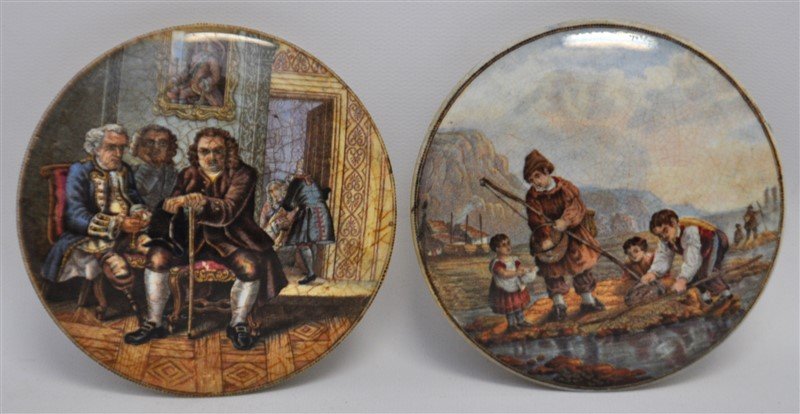 2 19th c. ENGLISH PRATTWARE LIDS: Two 9th C Staffordshire England Prattware Pot lids. 1- Scene of cockle / shell fish gathering. 2- Dr. Johnson. Each measures approx 4"x4". Wt combined 11 oz. Small earthenware pots with lids decorated