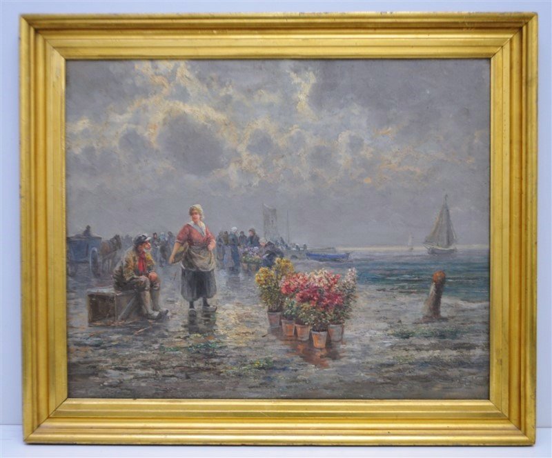 ANTIQUE DUTCH OIL ON CANVAS HARBOR MARKET (1 of 9)