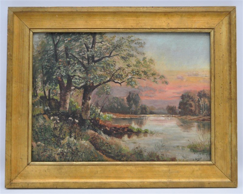 FRENCH OIL ON BOARD L. BOIVIN - LAKE SUNSET: Antique late 19th c. French Oil on Board signed L. Boivin. "Soileil Couchant au Bord d'un Lac", Sunset at the edge of the Lake. Signed by the artist lower right, in the original period French wood fra