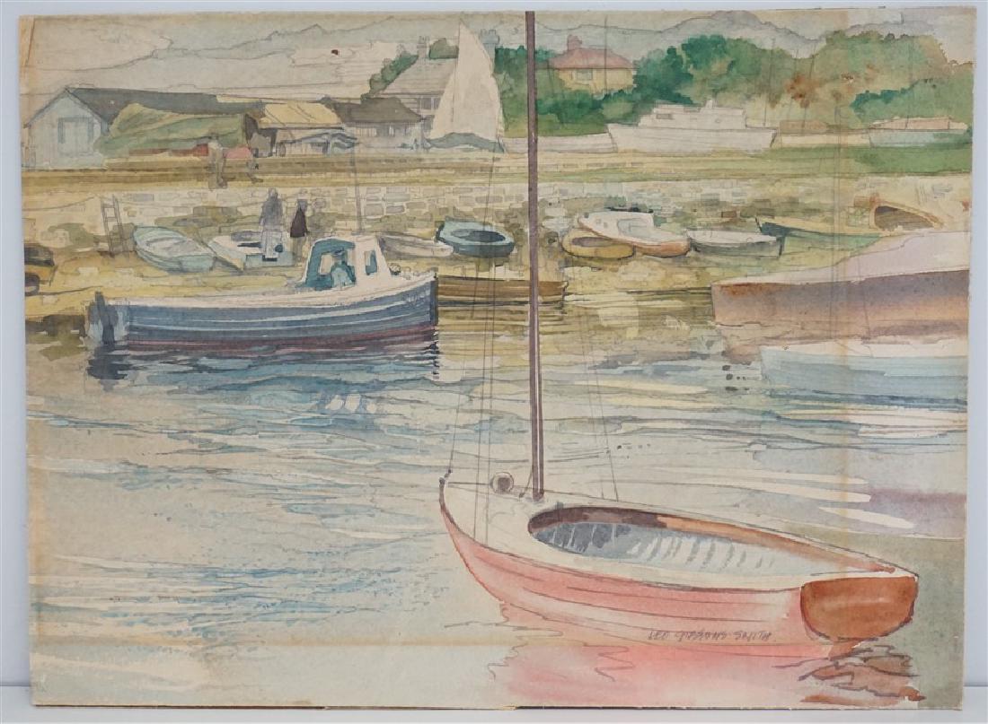 LEO GIBBONS SMITH (1919-2014) KEYHAVEN BOATS: Original Watercolor by English artist and illustrator Leo Gibbons Smith [1919 -2014]. Boats at Keyhaven, Hampshire. Unframed, 13x9.50, wt. 4 oz. PROVENANCE: The Estate of a Charleston SC Art Dealer / 