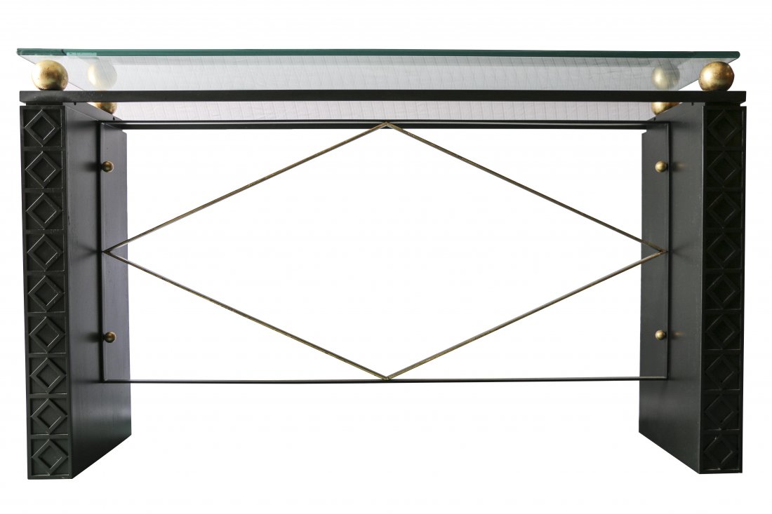 Modern Design Ebonized & Gilt Glasstop Console: Modern Design Ebonized & Gilt Glasstop Console H 38 3/8" W 64 1/8" D 16 1/8"