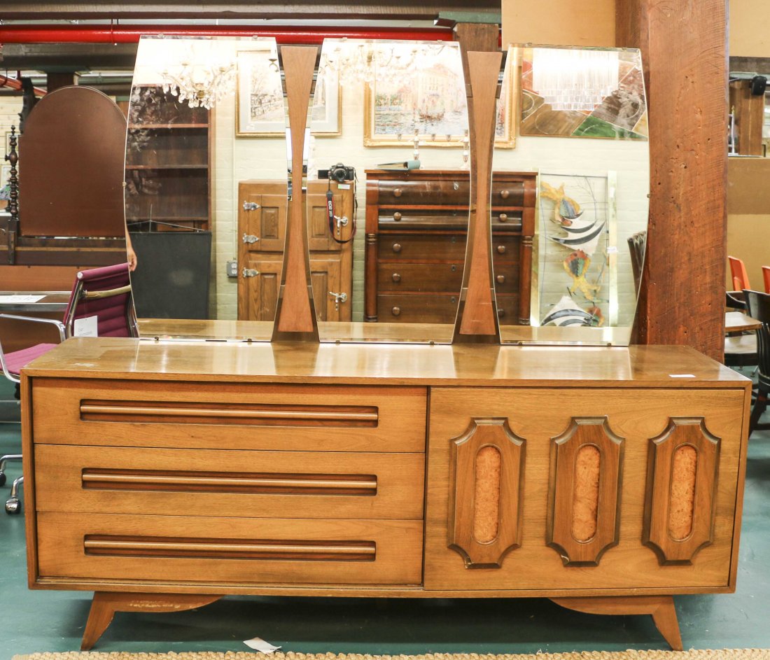 Mid Century Modern Triple Mirror Dresser: Mid Century Modern Triple Mirror Dresser 67 1/2" 76 1/8" 21 1/4"