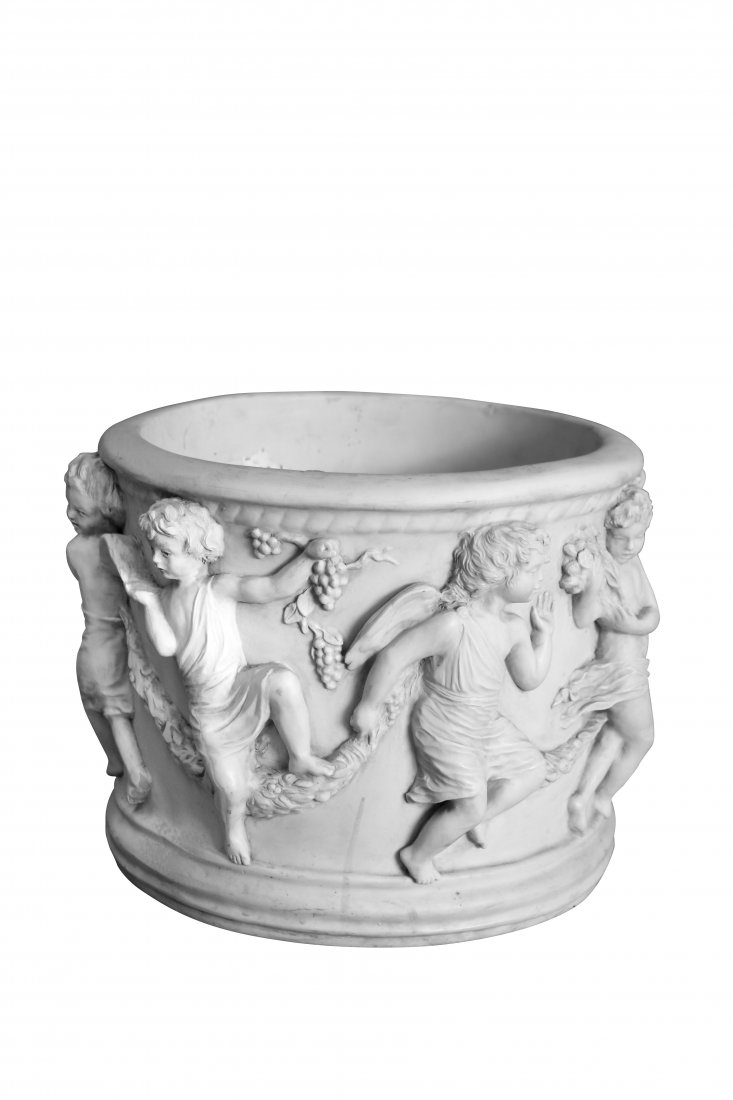 Alabaster Cherub Motif Planter: Alabaster Cherub Motif Planter H 10 1/2" W 14 1/4" D 14 1/4"