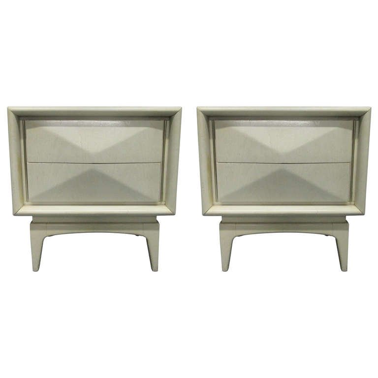 Pair Mid Century Modern Painted Nightstands: Nightstands has a sculptural front and two pull out drawers. H 24.75" W 23.25" D 16"