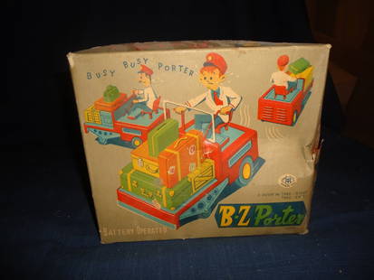 B-Z Porter- Battery Operated Toy: Mint in Box, never played with, box has tears- but minor issues. 7 1/2" long, luggage still in plastic, card stock separates still with toy. Charming.