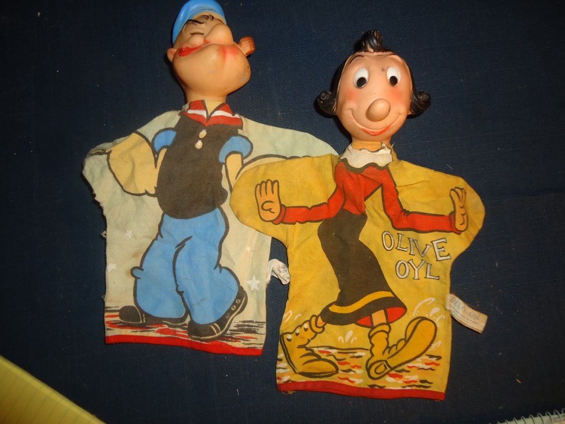 Vintage Popeye & Olive Oil Hand Puppets: Rubber heads, lithographed fabric bodies, normal wear-10" ht.