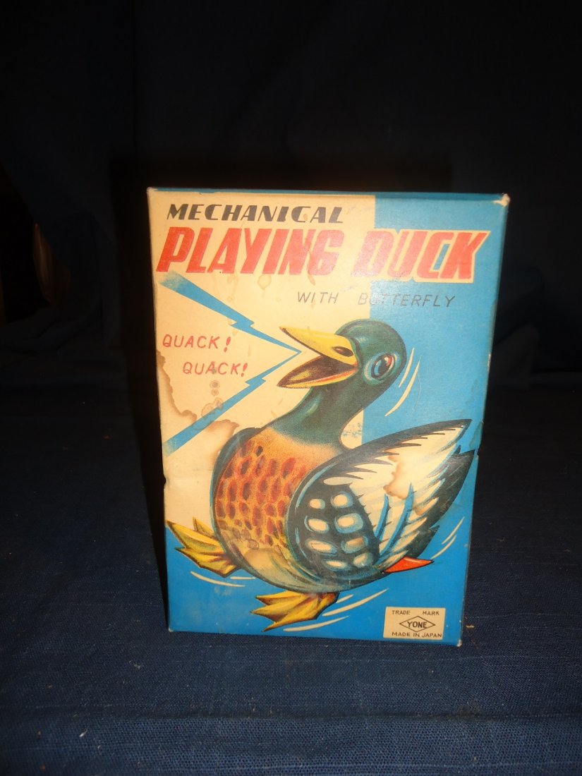 Vintage Wind-Up Toy MIB: Mechanical Playing Duck, 6 1/2" tall with butterfly. Japan. Mint toy, never played with and box.