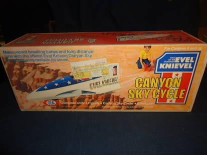 Vintage Evil Knievel Canyon Sky Cycle MIB: This toy was factory sealed until I opened it to take the pictures for the catalog. Complete and MINT. Evil figure measures 4\" tall. Dated 1974.