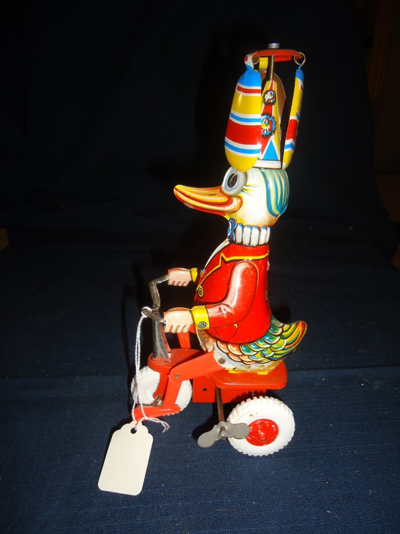 Westrern Germany Duck on Trike Wind-Up Toy: Delightful dressed duck on tricycle, working order 8 1/2\" tall MINT