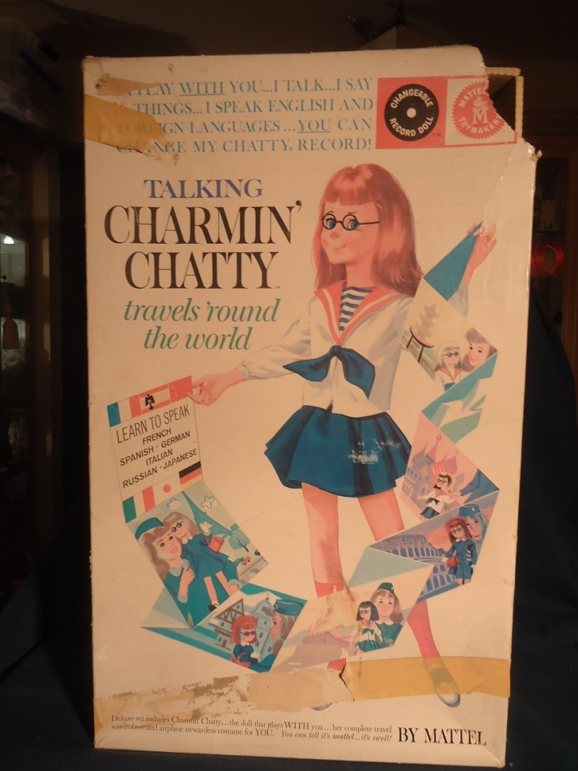Talking Charmin Chatty Doll: Manufactured by Mattel includes three dolls, each 24' tall, two dressed, one naked. Many accessories, shoes, hats, etc. PLUS Chatty games. Box has rough corner and masking tape on lower section.