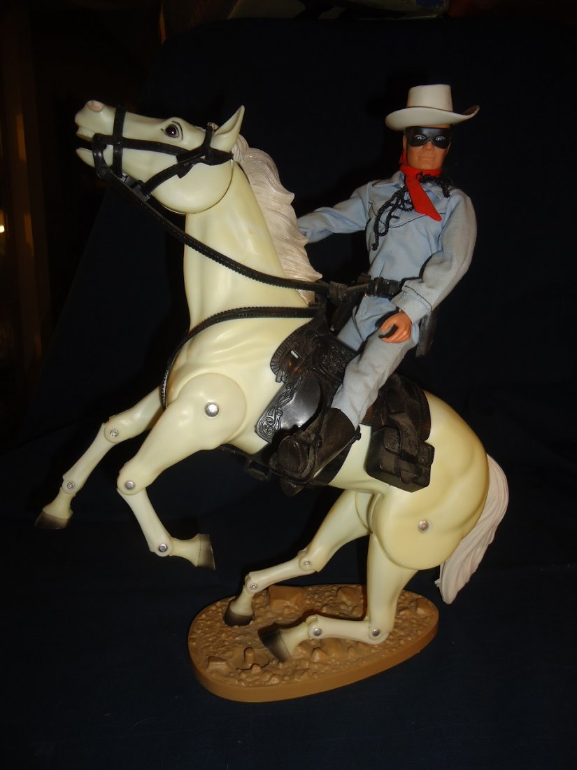 15" Lone Ranger Toy: Fully jointed on Trigger, stamped on the bottom- Made in Hong Kong for Gabriel. Comes with Tonto figure as well.