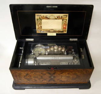 Paillard & Co. Orchestral Cylinder Musical Box: Paillard & Co. Orchestral Cylinder Ten Song Music Box circa 1890, double spring, four combs complete with 59 teeth, 21 lever organ section, drum with 8 lever, 6 engraved bells, castanet with 6 lever,