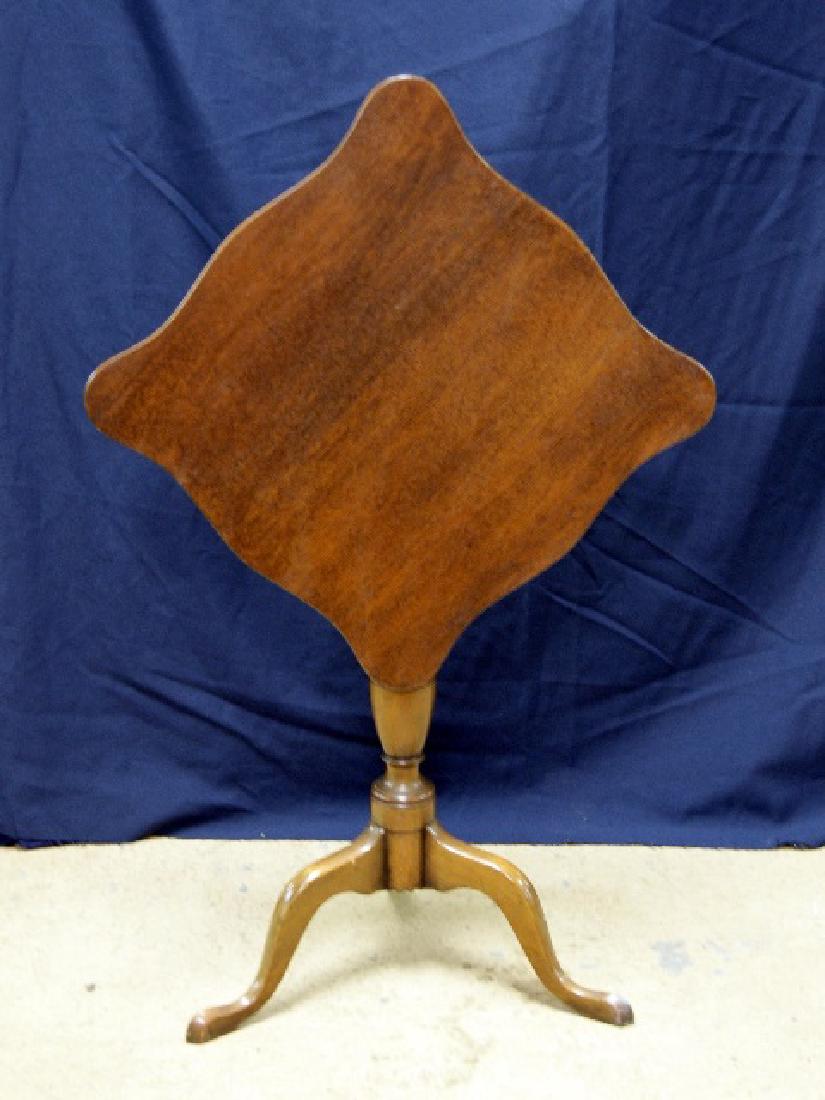 Vintage C, W, Kittinger Williamsburg Tilt Top Table: C. W. Kittinger mahogany tilt top tea table, scalloped square top with turned standard above arched slipper feet 19.5" square by 27"H, Kittinger paper label, Williamsburg brand