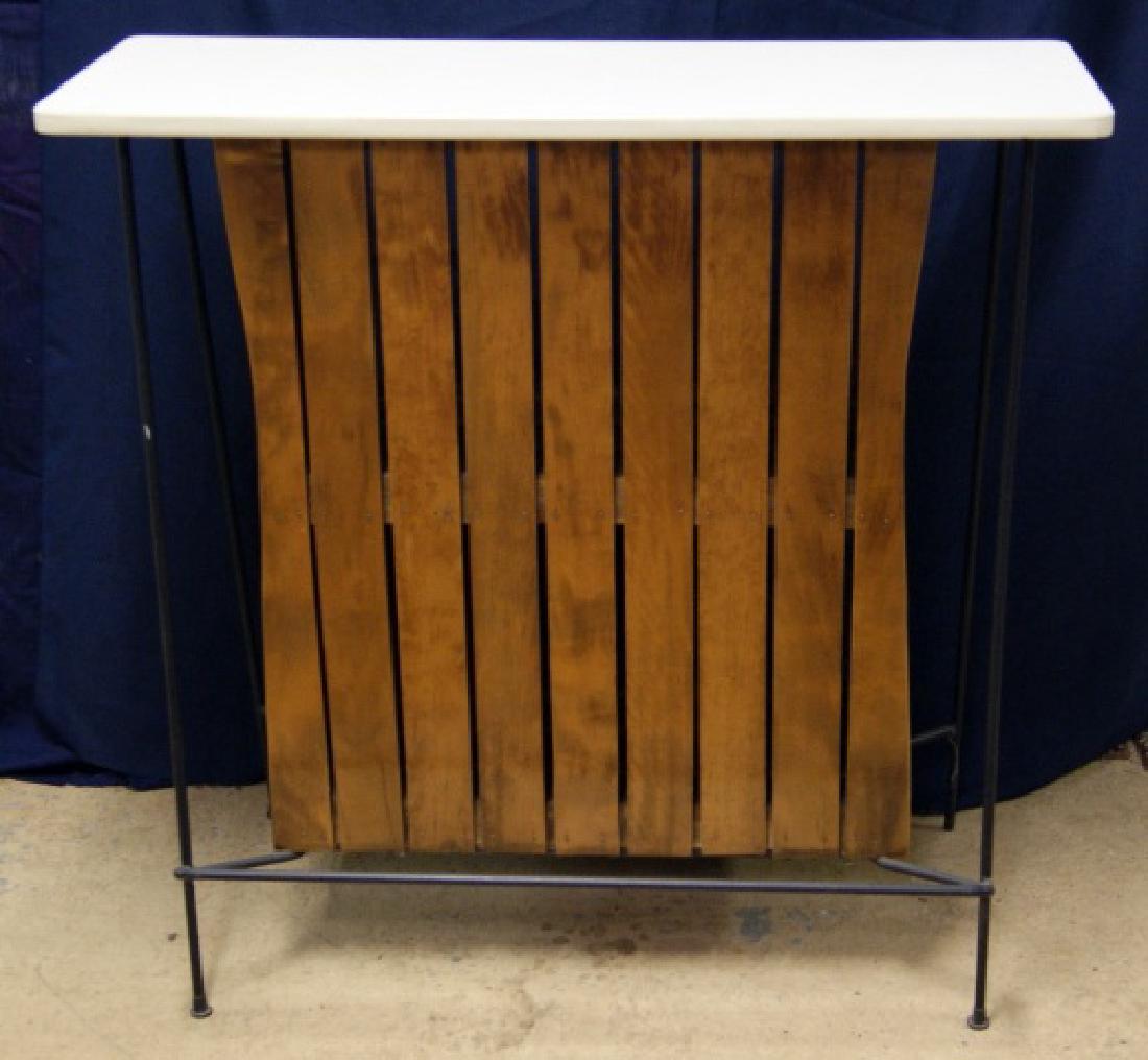 Arthur Umanoff Mid-Century Tiki Bar: Vintage Arthur Umanoff for Raymor Tiki Bar, white laminate top, wrought iron base with wood slats, 42"W, 40"H, 20"D