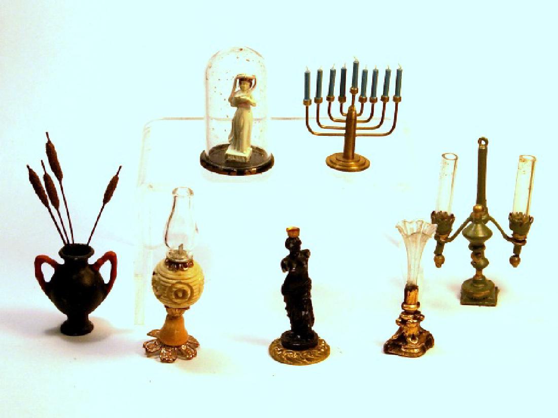 Group Miniature Lighting, Statue & Vase: Carved bone, wood and ormolu hurricane lamp with glass shade 2"H, figural candlestick, ormolu and glass bud vase 1.5"H, menorah, dual burner gravity lamp, statue of woman in glass dome signed "PINKEY"