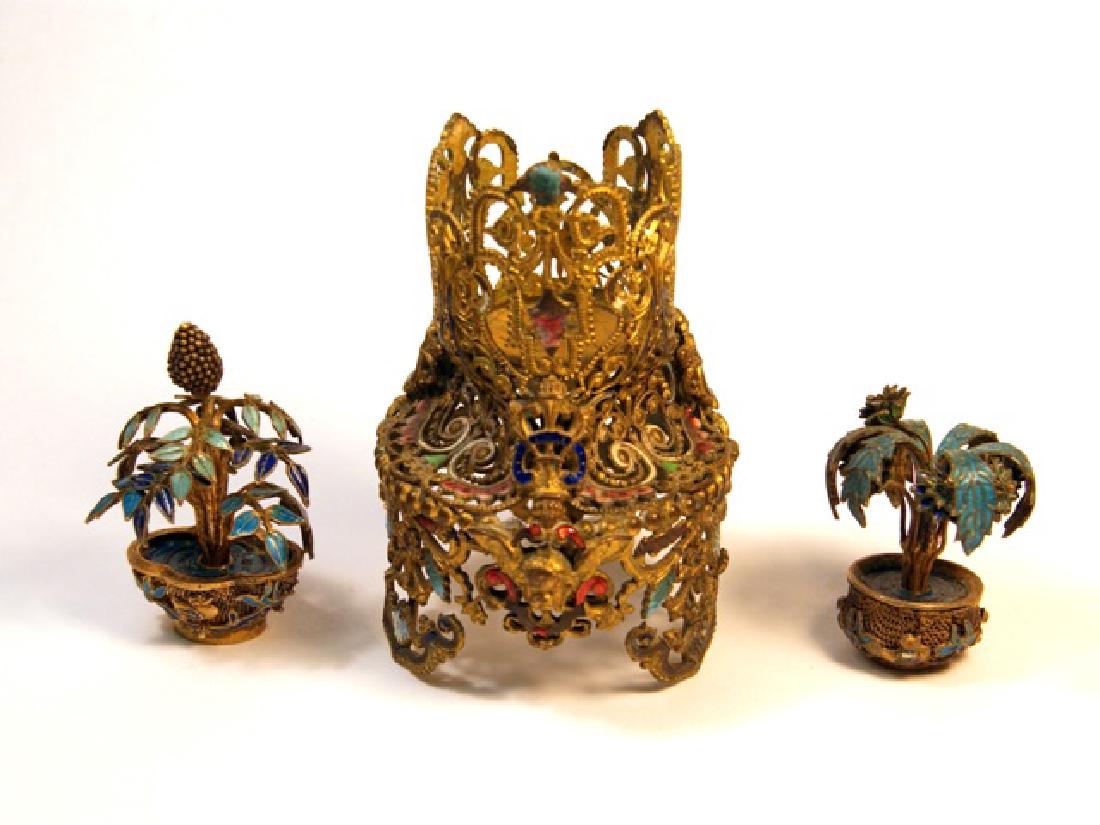 Enameled Ormolu Candlestick and Potted Plants (1 of 2)