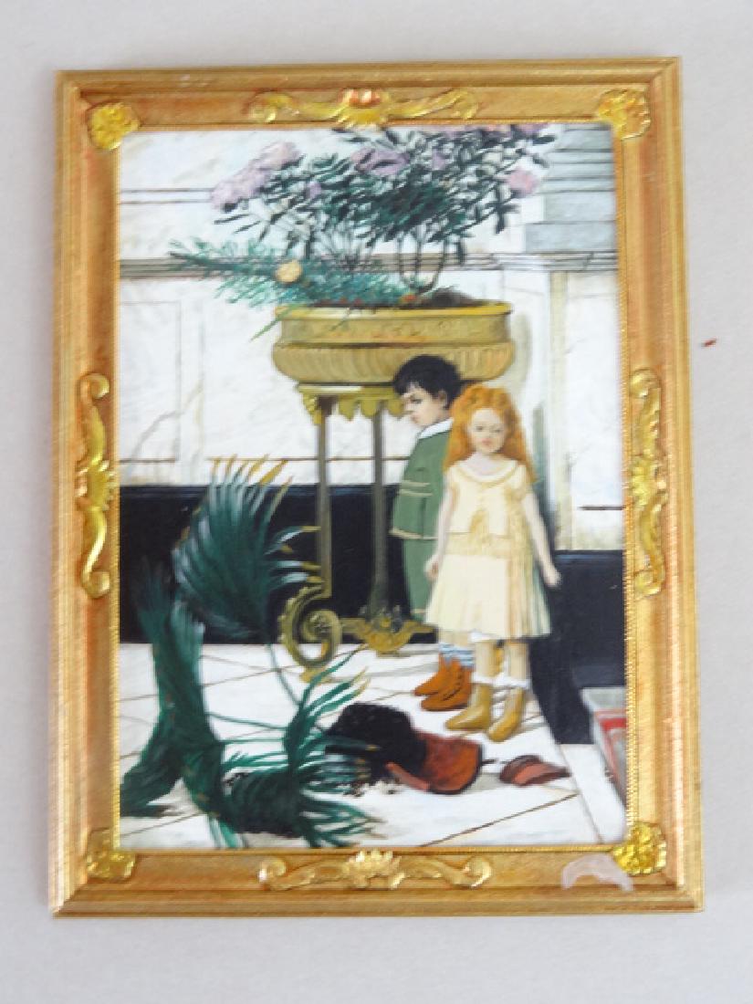 Paul Saltarelli Miniature Painting: Paul Saltarelli miniature painting, oil on board 1986 numbered 80, after "The Broken Pot" by Jan Verhas in the Bruce Museum, Greenwich, Ct., 3.5" x 2.5"